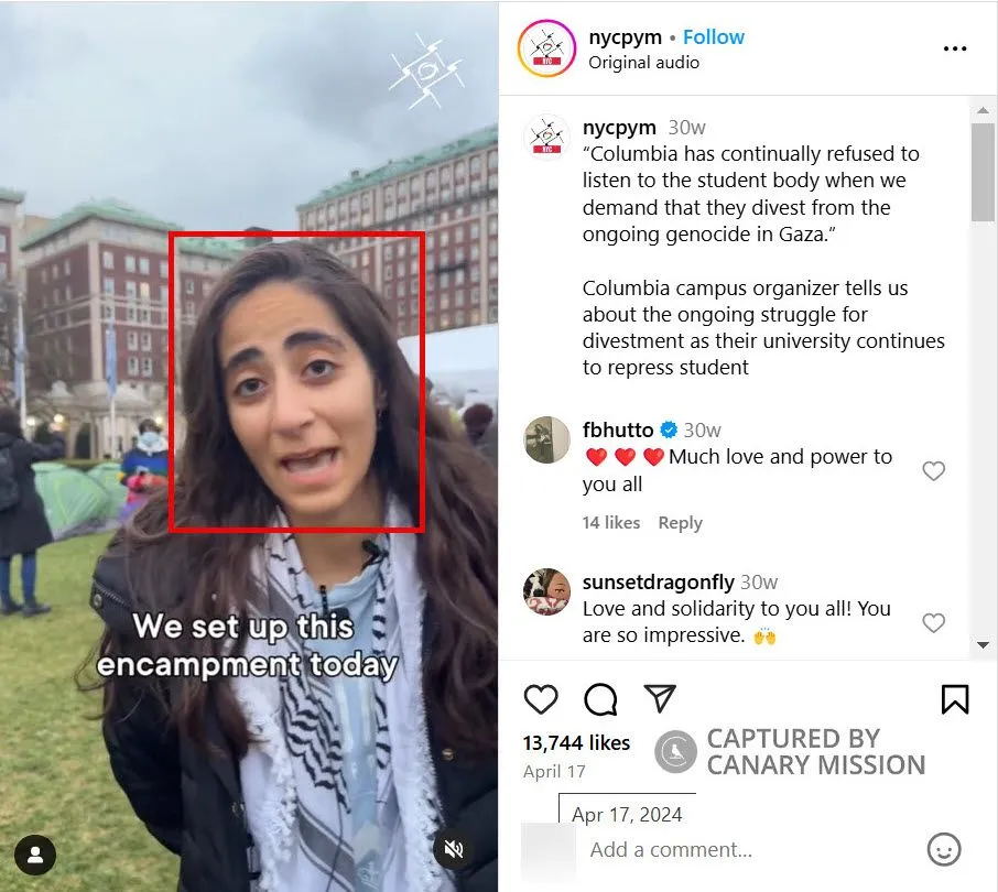 Alwan confirms her role in organizing Columbia’s illegal Gaza encampment, captured in this April 17, 2024 video.